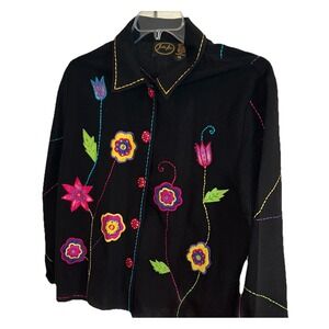 Vintage Julia Kim Art To Wear Black Floral Button Up Jacket Fun Vibrant